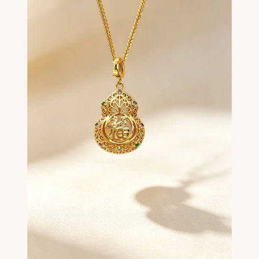 Gold Gourd Pendant Necklace with CZ