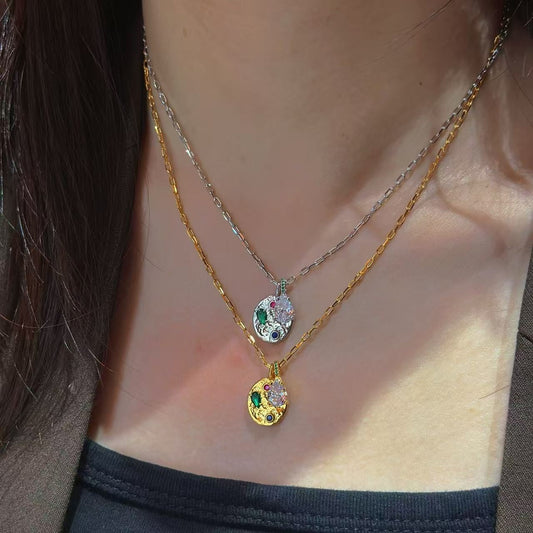 Hammered Oval-Tag Teardrop CZ Pendant Necklace (JN6027)