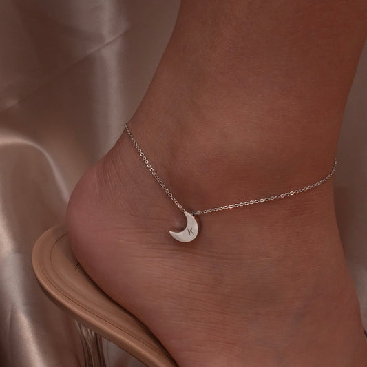 Handmade Moon Initial Anklet: Personalized Celestial Charm