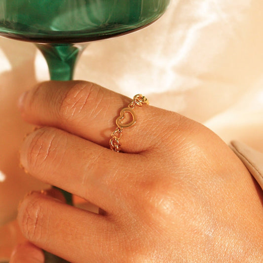 Heart Chain Ring: Dainty 16K Gold Plated Ring