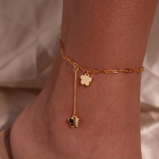 Gold Flower Butterfly Ankle Bracelet: Stainless Steel Dangle Anklet