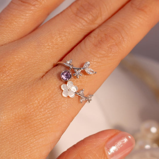Birth Flower Ring 925 Sterling Silver Valentine's day gift Mother of Pearl Sakura Rings Adjustable Delicate Personalized Birthstone Gift