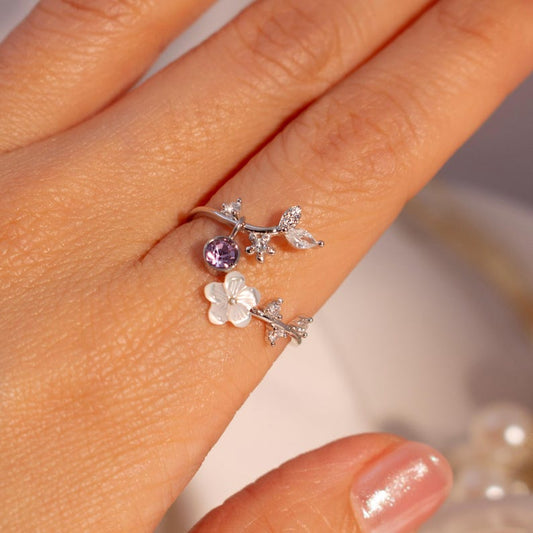 Birth Flower Ring 925 Sterling Silver Mother of Pearl Sakura Rings Adjustable Delicate Personalized Birthstone Gift