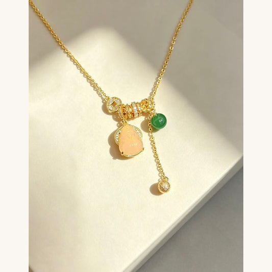 Gold Lariat Necklace with Jade & Heart Charm