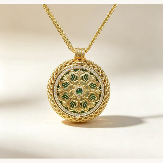 Gold Openwork Green-Jade Aromatherapy Locket Necklace