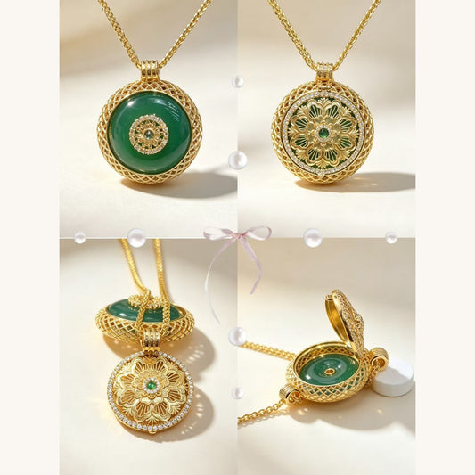 Gold Openwork Green-Jade Aromatherapy Locket Necklace