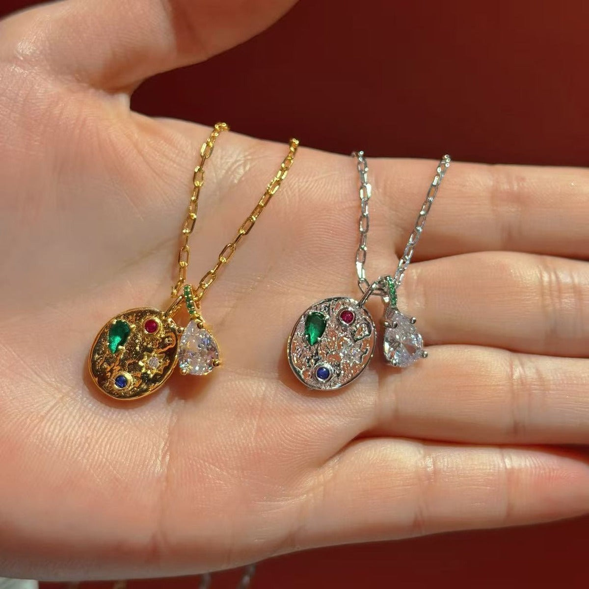 Hammered Oval-Tag Teardrop CZ Pendant Necklace (JN6027)