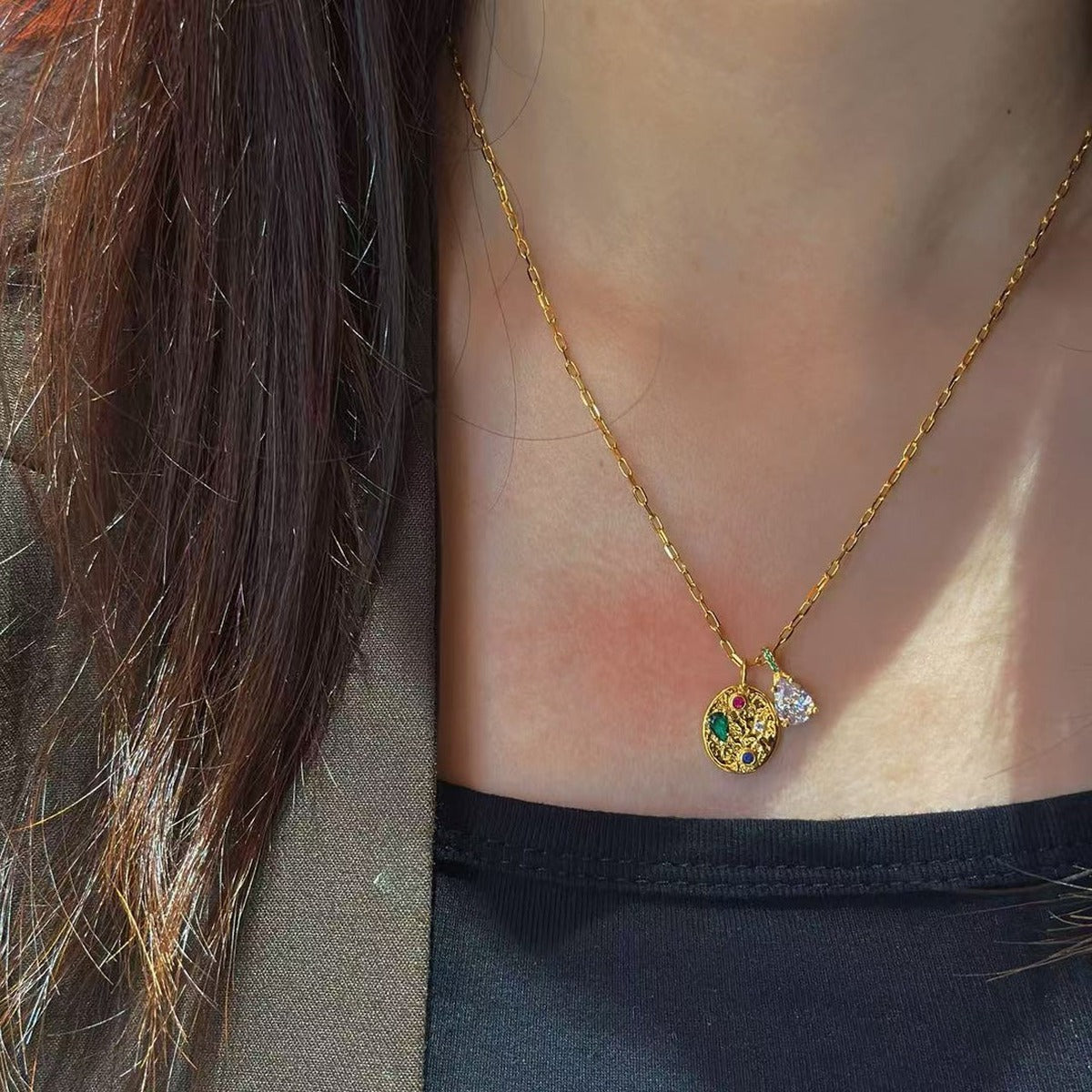 Hammered Oval-Tag Teardrop CZ Pendant Necklace (JN6027)