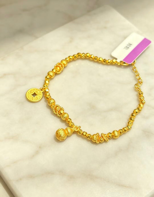 Gold Beaded Bracelet with Gourd & Coin Charm