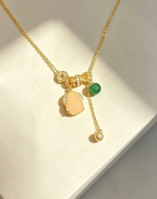 Gold Lariat Necklace with Jade & Heart Charm