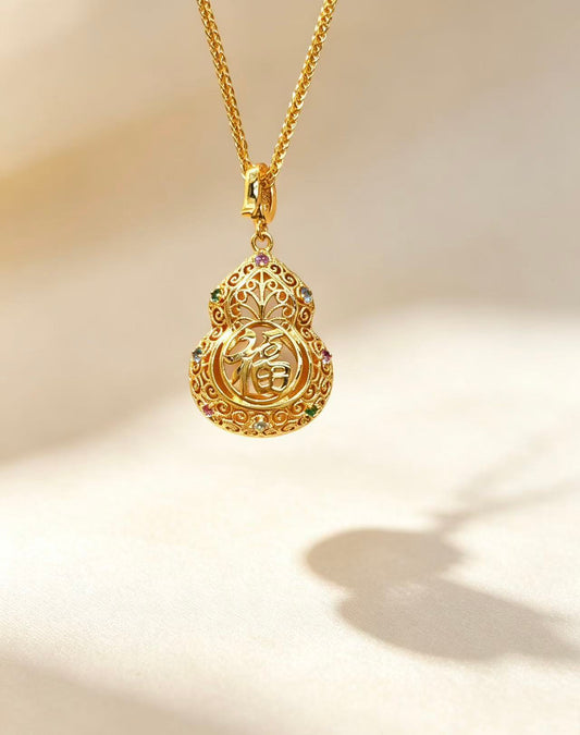 Gold Gourd Pendant Necklace with CZ