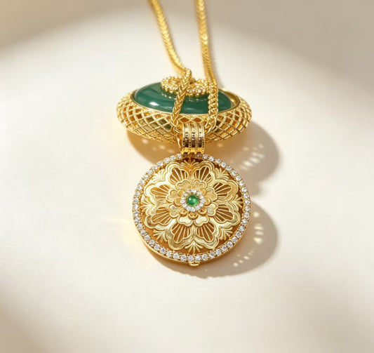 Green Jade Round Locket Pendant Necklace