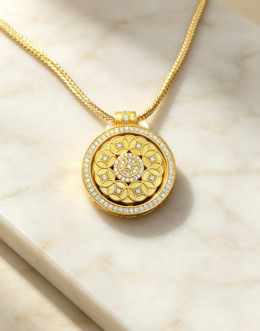 Gold Round CZ Medallion Pendant Necklace
