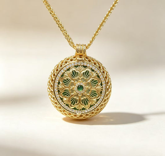Gold Openwork Green-Jade Aromatherapy Locket Necklace