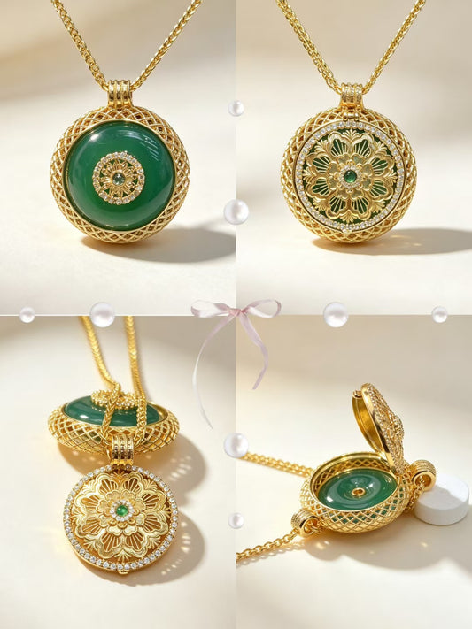 Gold Openwork Green-Jade Aromatherapy Locket Necklace
