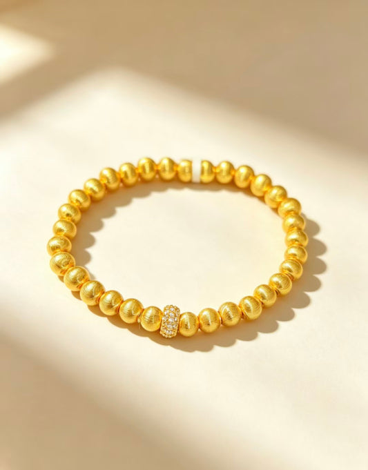 Gold Beaded Bracelet with CZ Rondelle