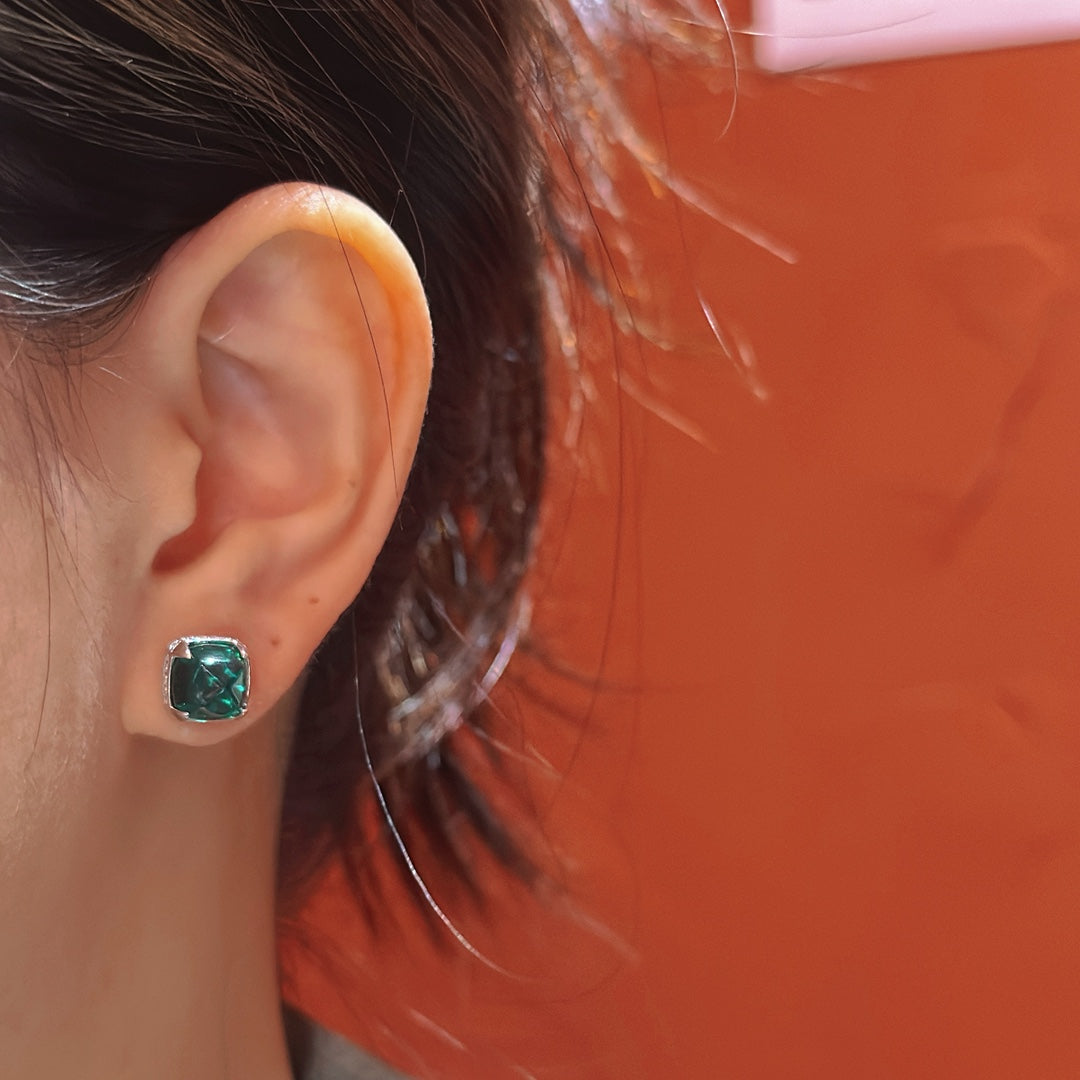 Green Nano-Emerald Cushion Stud Earrings (JE40126082)