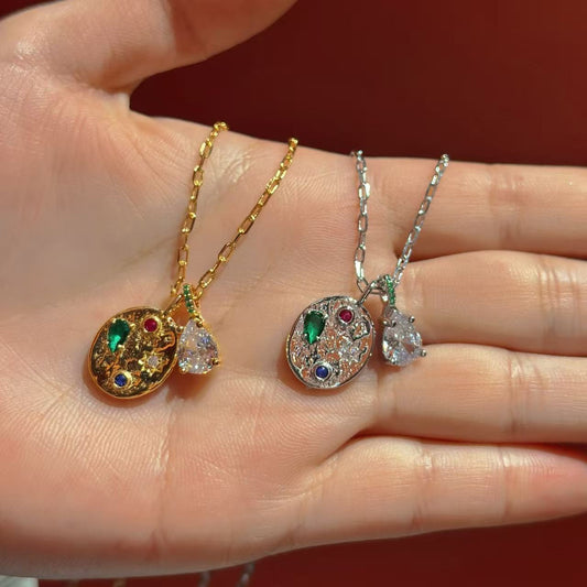 Hammered Oval-Tag Teardrop CZ Pendant Necklace (JN6027)
