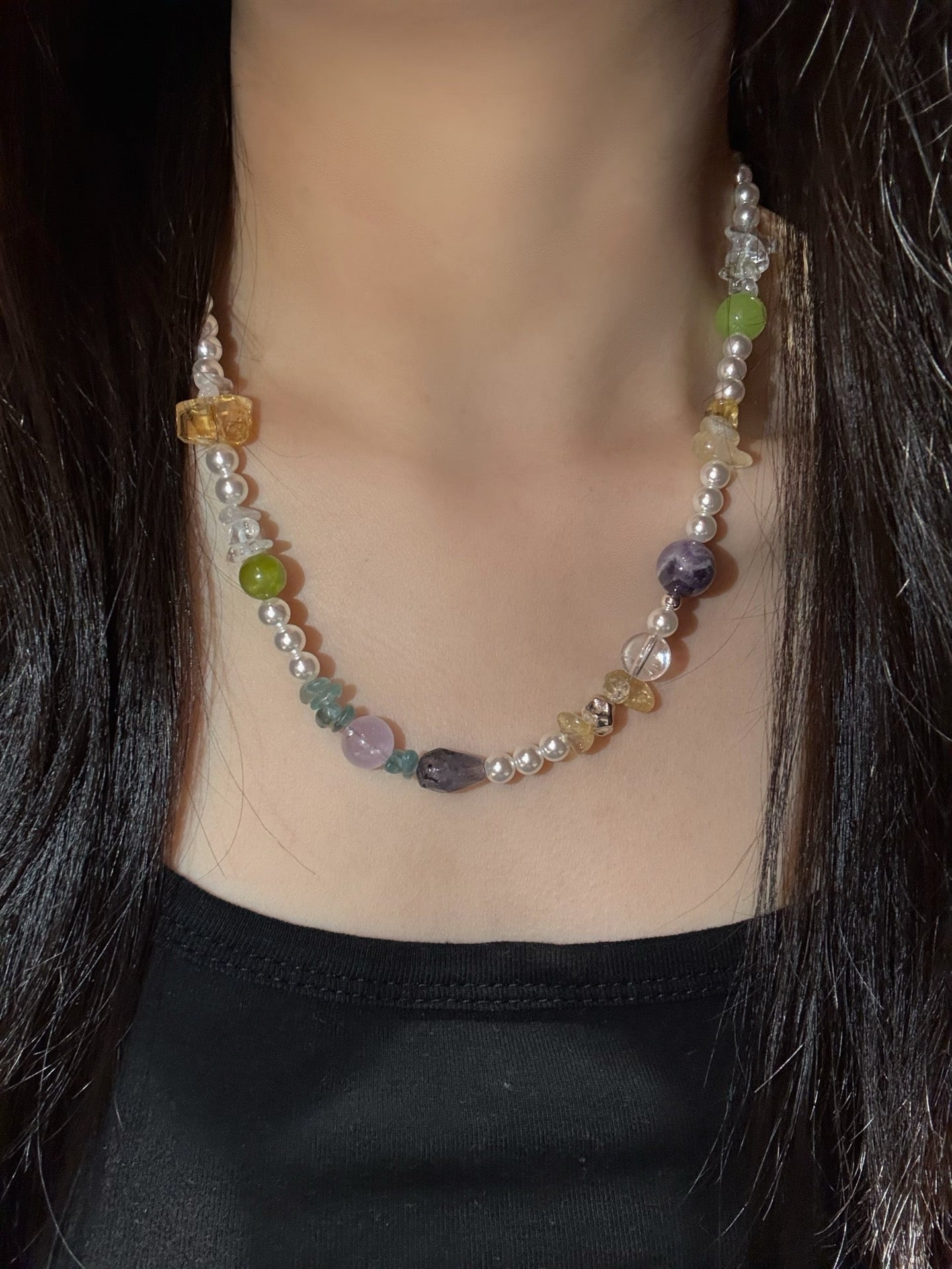 Multi-Gem Shell-Pearl Necklace (JN64783)
