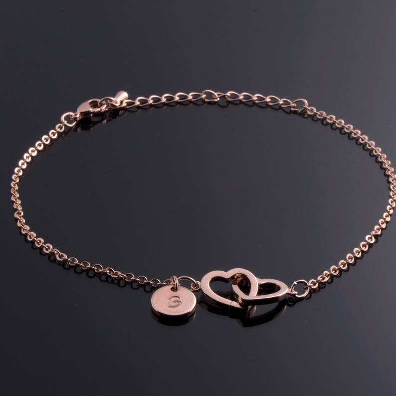 Personalized Double Hearts Anklet: Hand Stamped Initial, Gold Plated