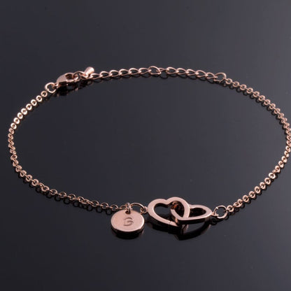 Personalized Double Hearts Anklet: Hand Stamped Initial, Gold Plated