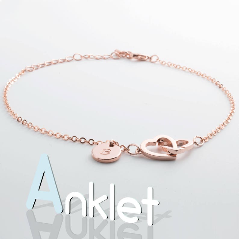 Personalized Double Hearts Anklet: Hand Stamped Initial, Gold Plated
