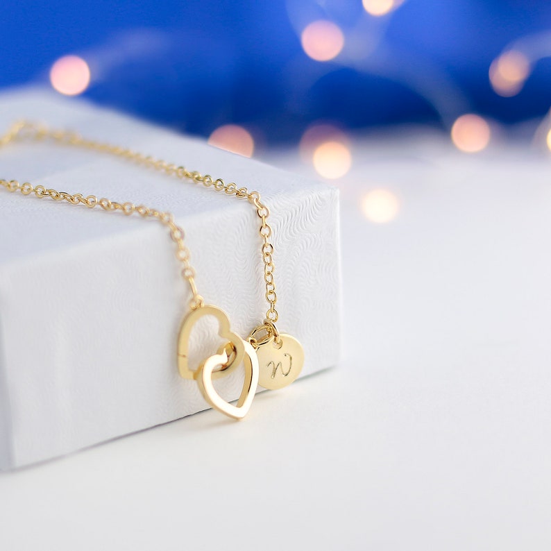 Personalized Double Hearts Anklet: Hand Stamped Initial, Gold Plated