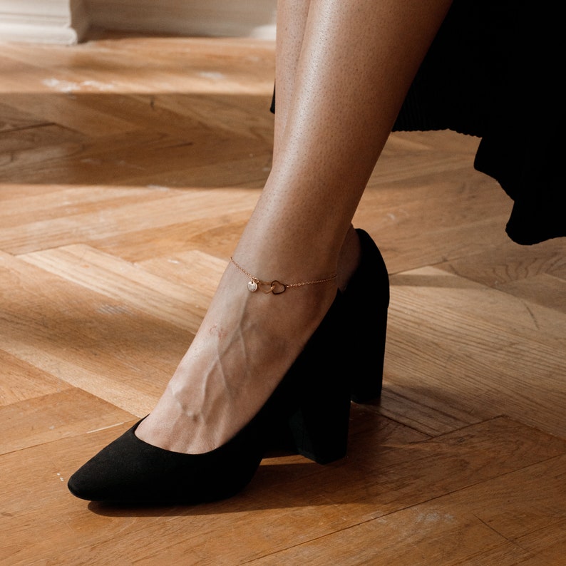 Personalized Double Hearts Anklet: Hand Stamped Initial, Gold Plated