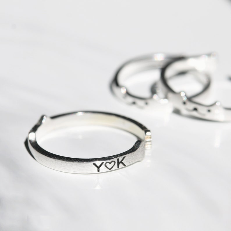 Sterling Silver Cat Ring: Personalized Initial Kitty, Adjustable Band