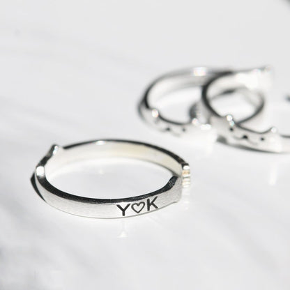 Sterling Silver Cat Ring: Personalized Initial Kitty, Adjustable Band