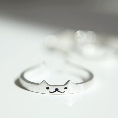 Sterling Silver Cat Ring: Personalized Initial Kitty, Adjustable Band