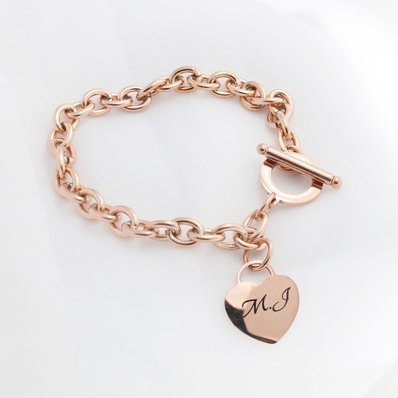 Rose Gold Chunky Link Bracelet: Personalized Heart Charm Toggle Clasp
