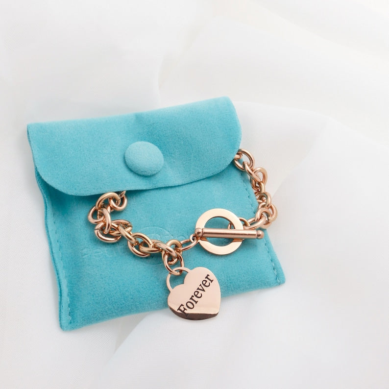 Rose Gold Chunky Link Bracelet: Personalized Heart Charm Toggle Clasp