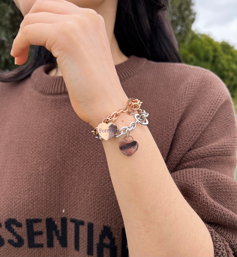 Rose Gold Chunky Link Bracelet: Personalized Heart Charm Toggle Clasp