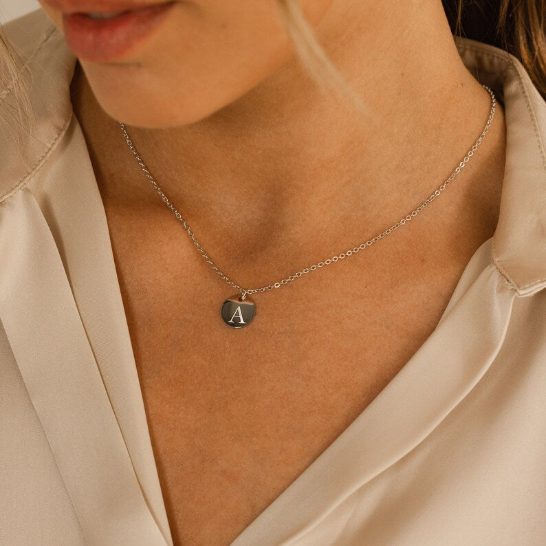Personalized Initial Disk Necklace: 16K Plated Coin Pendant