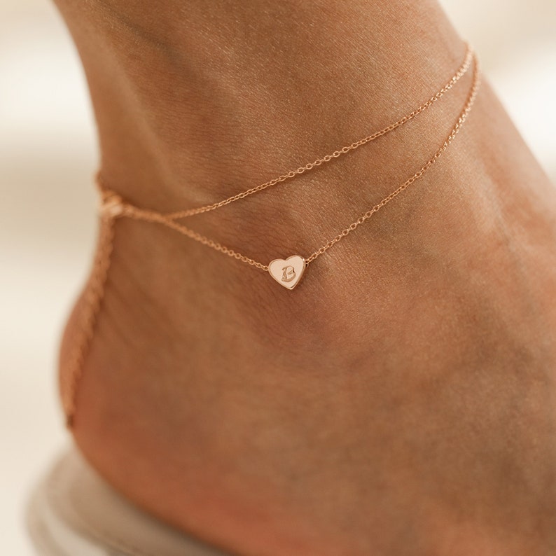 Personalized Heart Anklet: Dainty Engraved Initial Layered Ankle Bracelet
