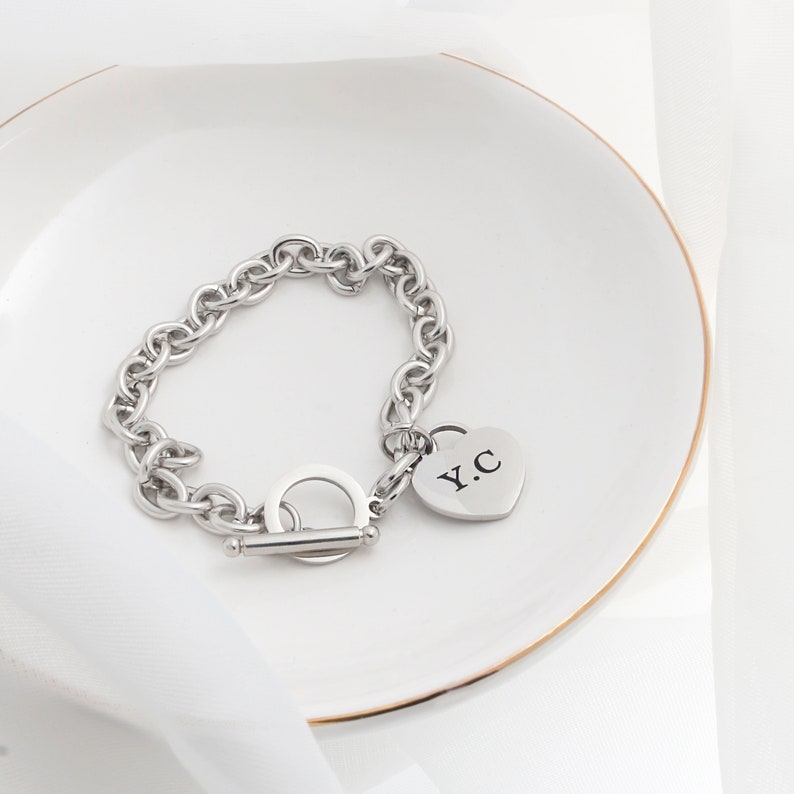 Chunky Chain Toggle Bracelet: Personalized Heart Charm