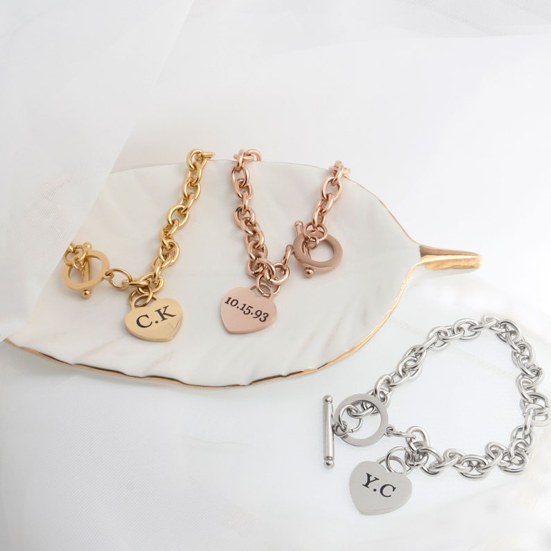 Rose Gold Chunky Link Bracelet: Personalized Heart Charm Toggle Clasp