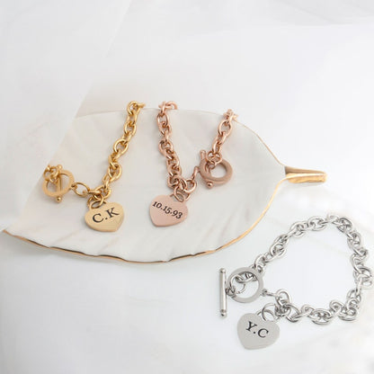 Rose Gold Chunky Link Bracelet: Personalized Heart Charm Toggle Clasp