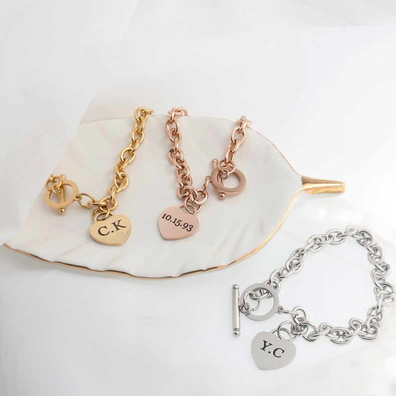 Chunky Chain Toggle Bracelet: Personalized Heart Charm