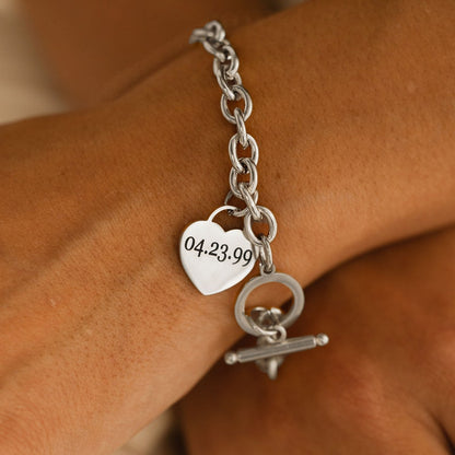 Rose Gold Chunky Link Bracelet: Personalized Heart Charm Toggle Clasp