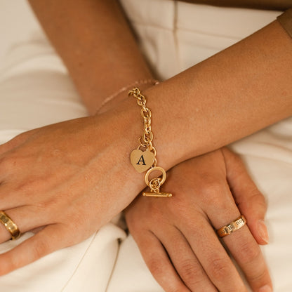 Rose Gold Chunky Link Bracelet: Personalized Heart Charm Toggle Clasp