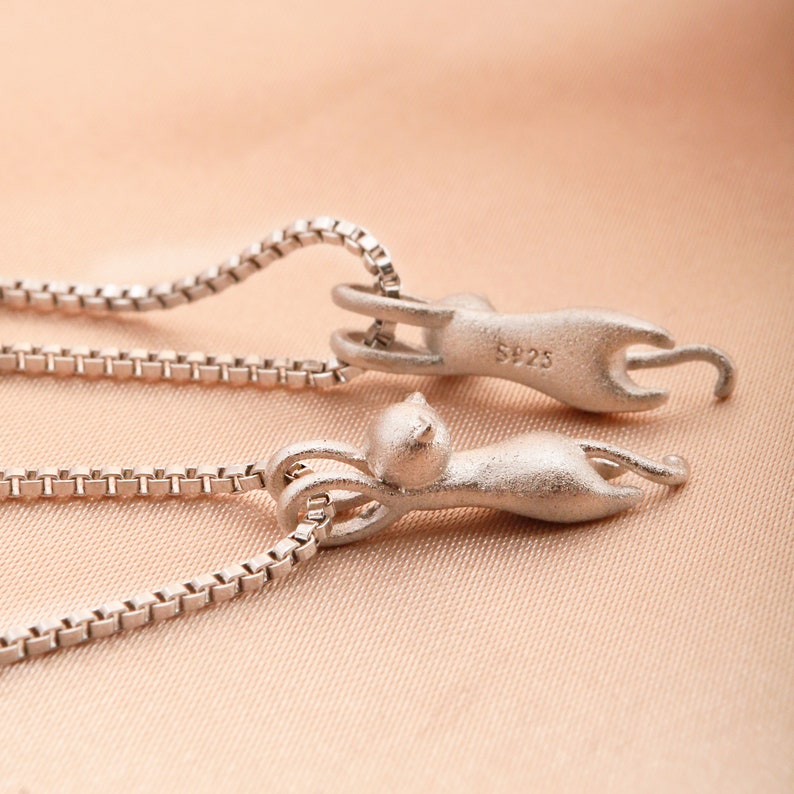 Hanging Cat Sterling Silver Necklace - Personalized Matte Kitty Pendant