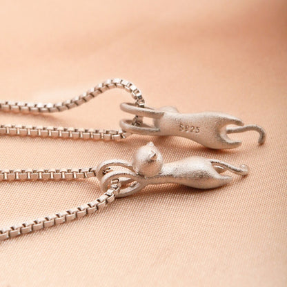 Hanging Cat Sterling Silver Necklace - Personalized Matte Kitty Pendant