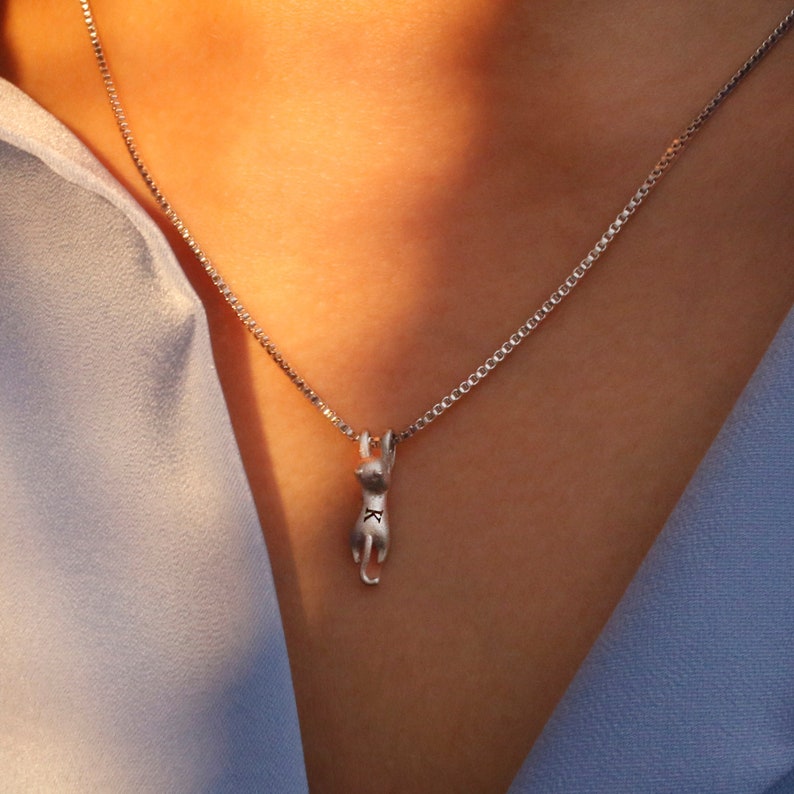 Hanging Cat Sterling Silver Necklace - Personalized Matte Kitty Pendant