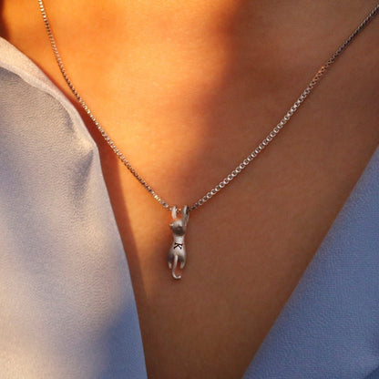 Hanging Cat Sterling Silver Necklace - Personalized Matte Kitty Pendant