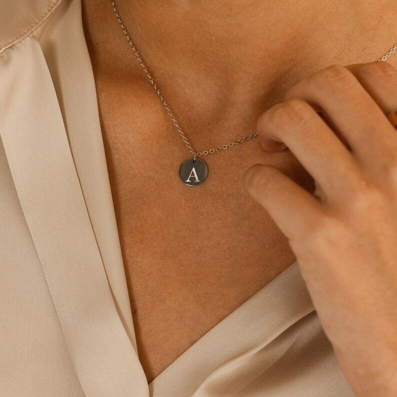 Personalized Initial Disk Necklace: 16K Plated Coin Pendant