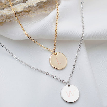 Personalized Initial Disk Necklace: 16K Plated Coin Pendant