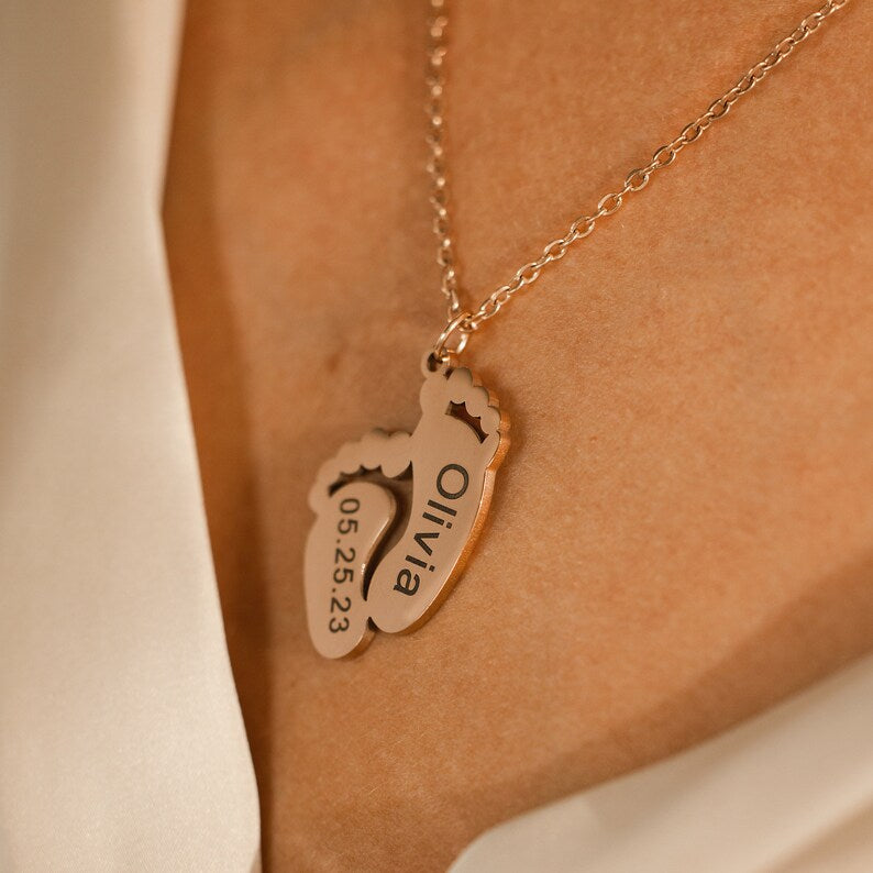 Engraved Baby Footprint Necklace: Personalized New Mom Keepsake