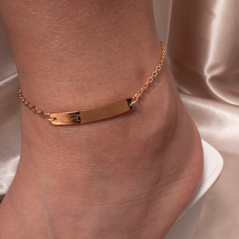 16k Gold Custom Name Bar Anklet: Engraved Charm Bracelet